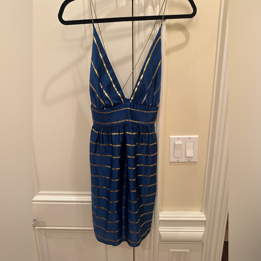 Cynthia Rowley dress in cobalt blue w gold leaf stripes